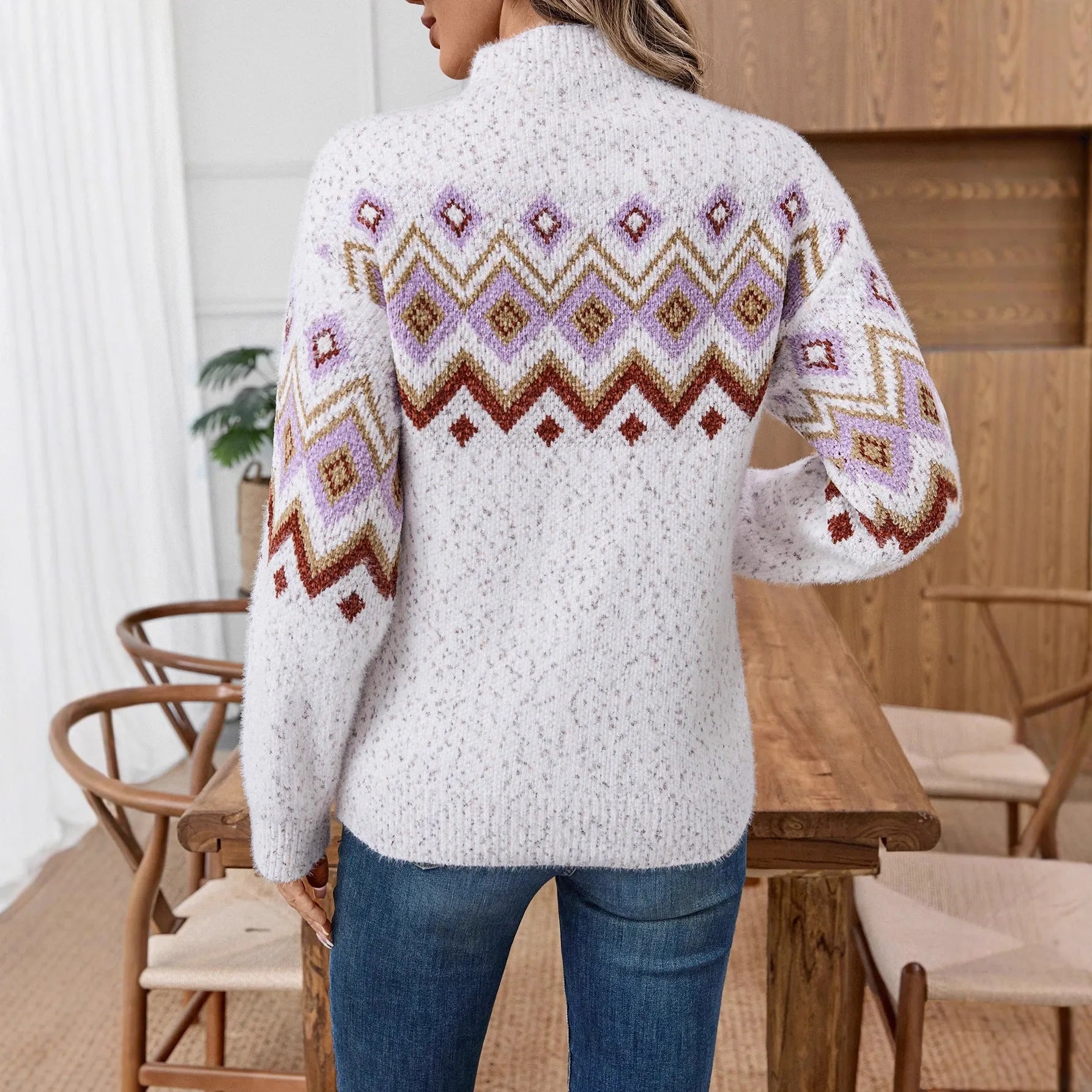 White half turtleneck jacquard sweater with geometric pattern, loose street fashion style
