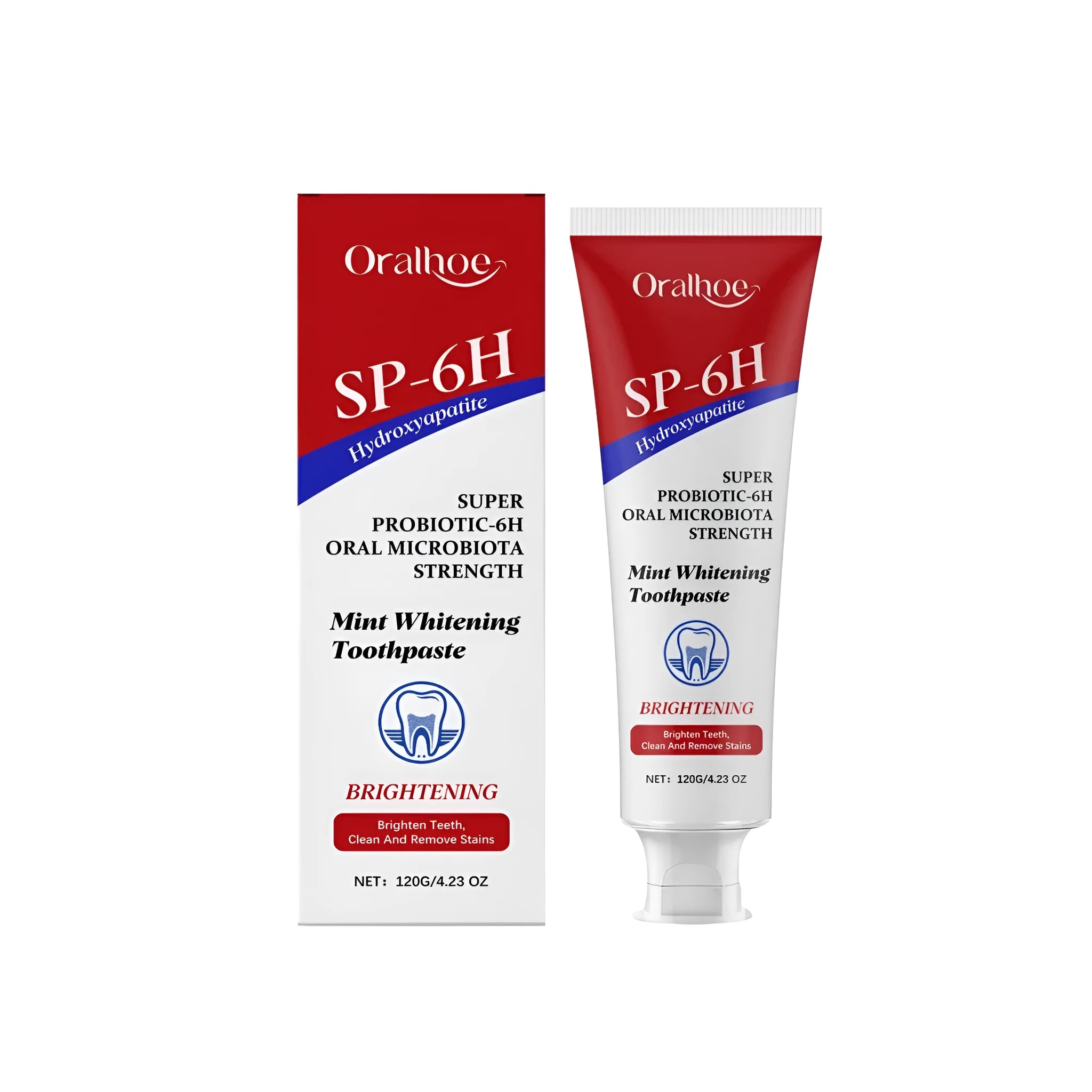 Mint Bright White toothpaste tube with hydroxyapatite formula for enamel repair, 120g capacity