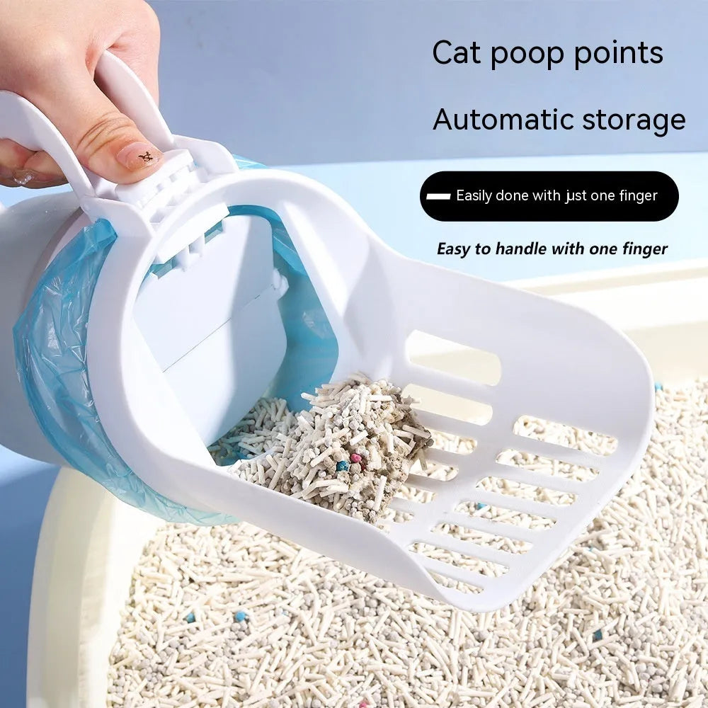 Grey blue green foldable cat litter scooper with waste bin system showing 2-in-1 design