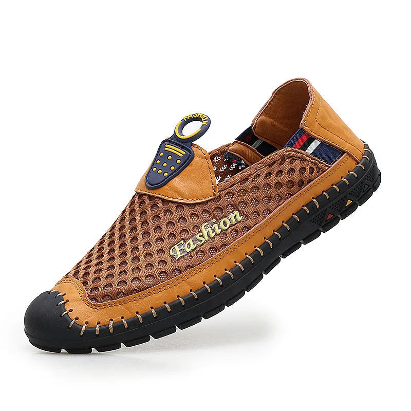 Men's brown casual mesh shoes with round toe and non-slip rubber sole on a white background.