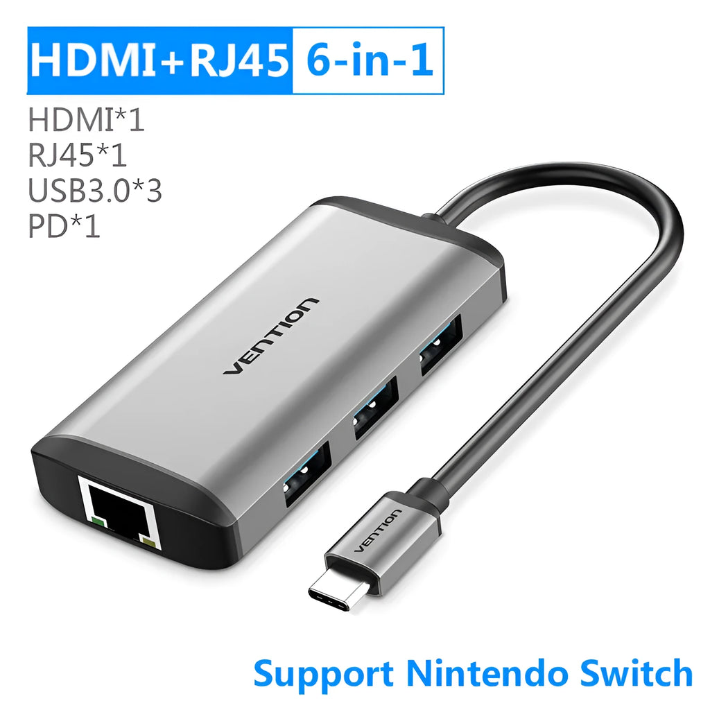 Deep grey aluminium USB Type-C hub showing HDMI, USB, Ethernet, and card reader ports.