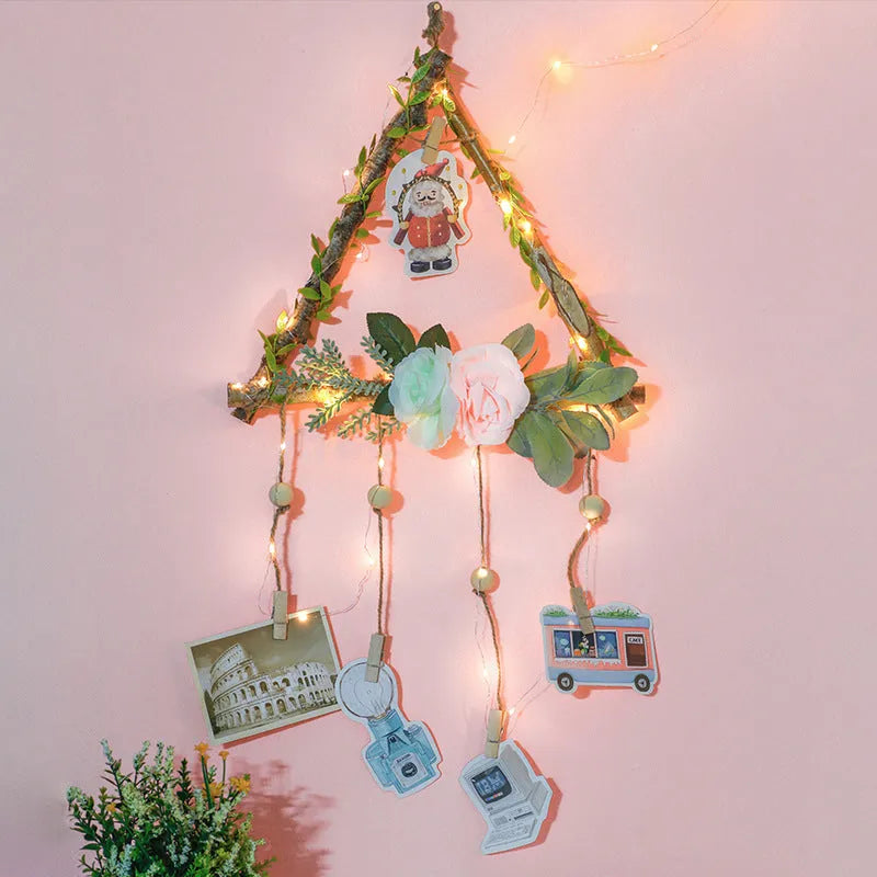 Medium size wooden photo clip wall hanging with hemp rope and tassel