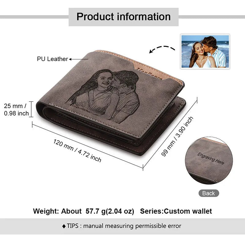 Coffee coloured engraved PU men's wallet showing custom photo and text personalisation.