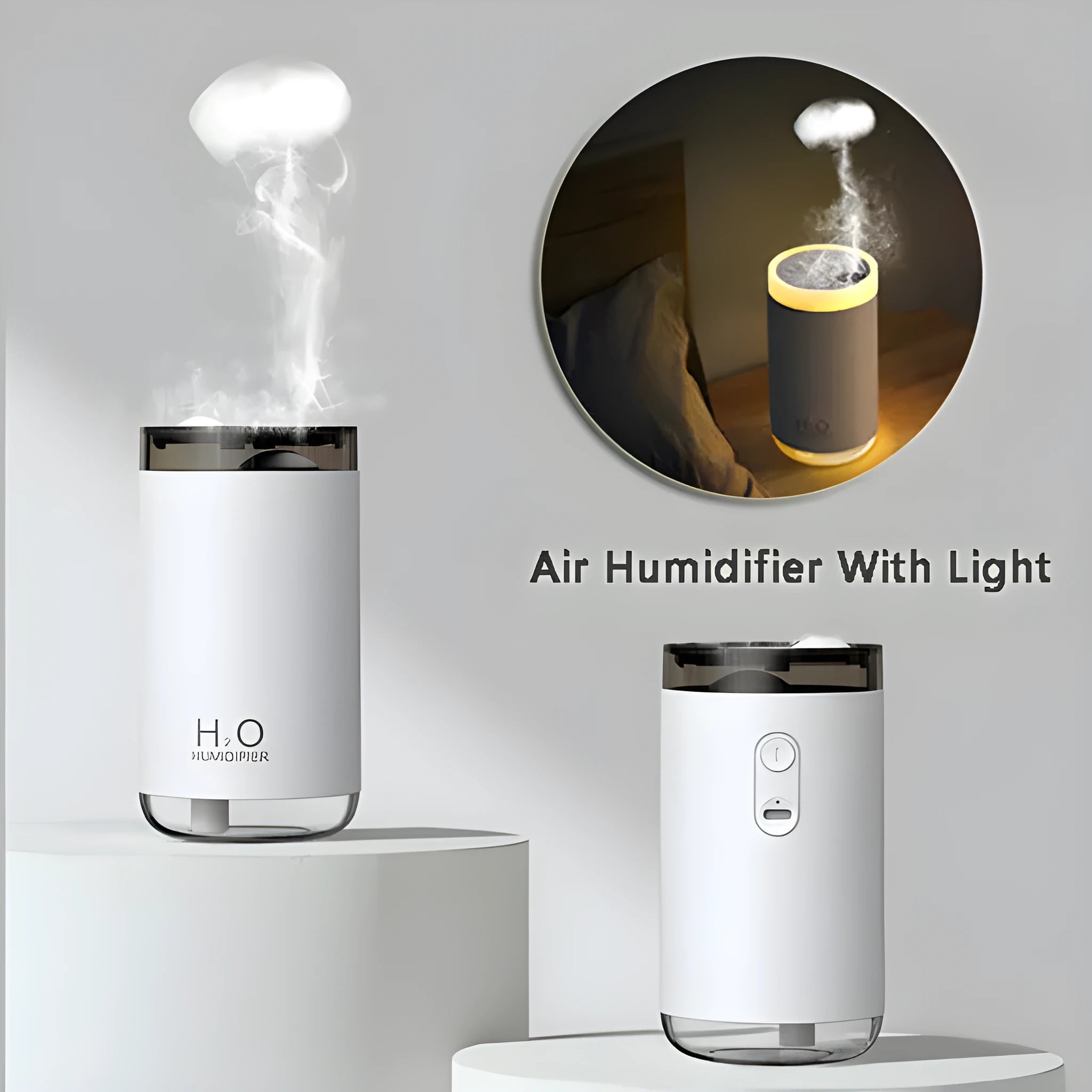 White jellyfish-shaped humidifier emitting smoke rings on a desk, with USB cable and warm glow.
