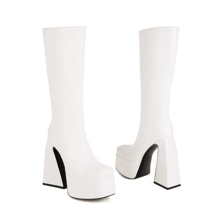 Women's black artificial PU leather high boots, casual style, shown from the side.