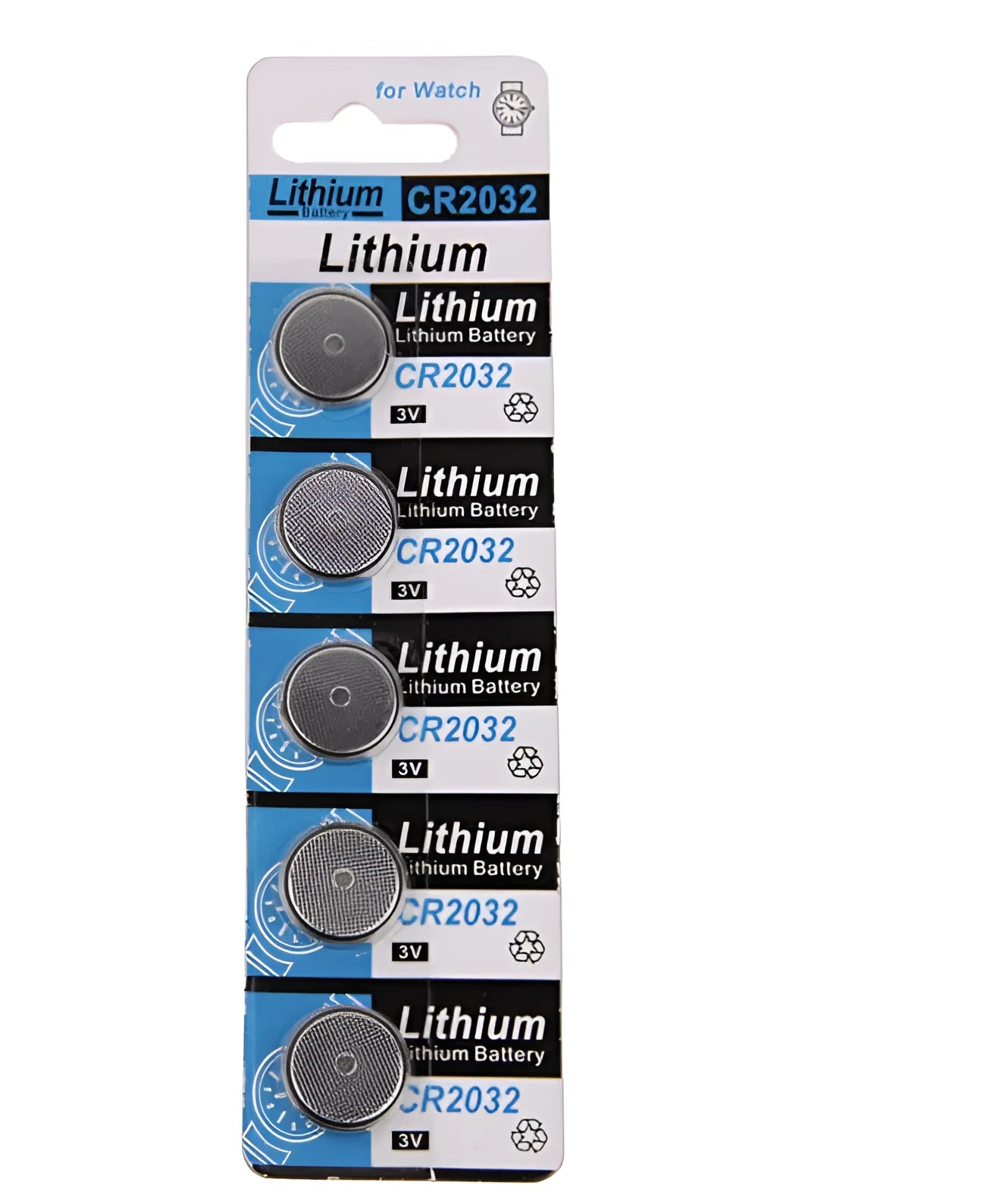 CR2032 3 volt lithium button battery cell shown on a card, 20mm diameter.