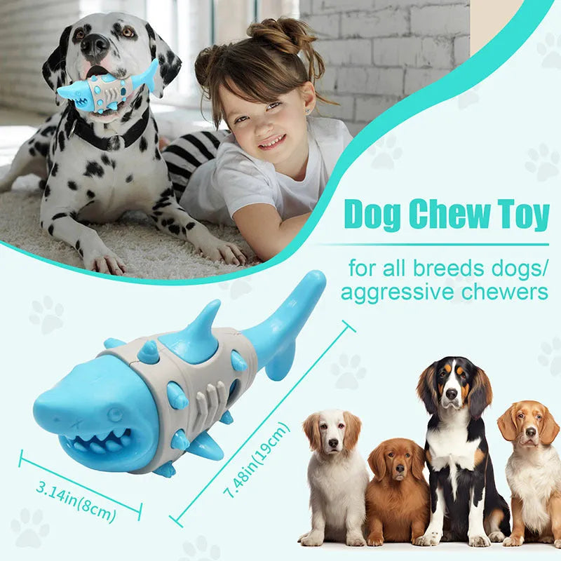 Blue shark-tooth textured dog teething toy with ventilation channels for puppy oral health