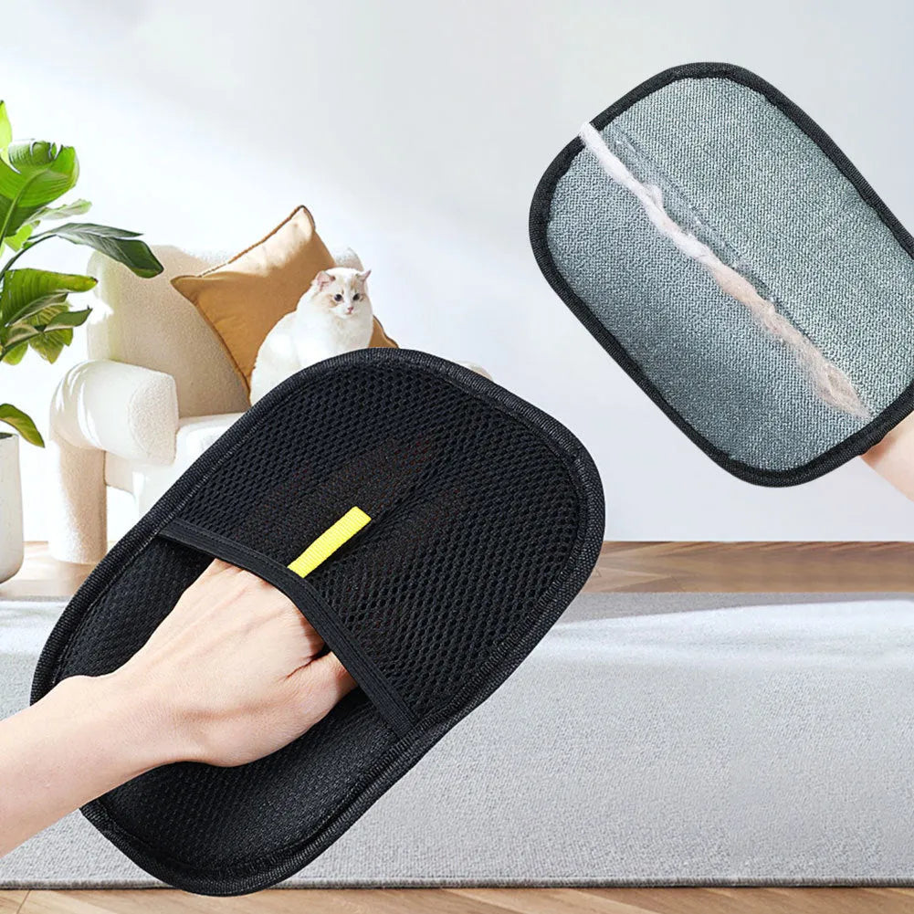 Black pet hair remover glove with dual-sided silicone bristles for grooming dogs and cats.