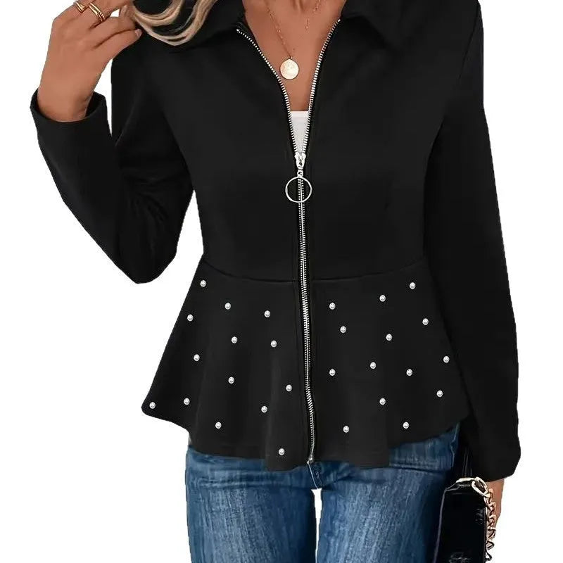 Women's solid colour coat with beaded zipper and ruffled hem detail