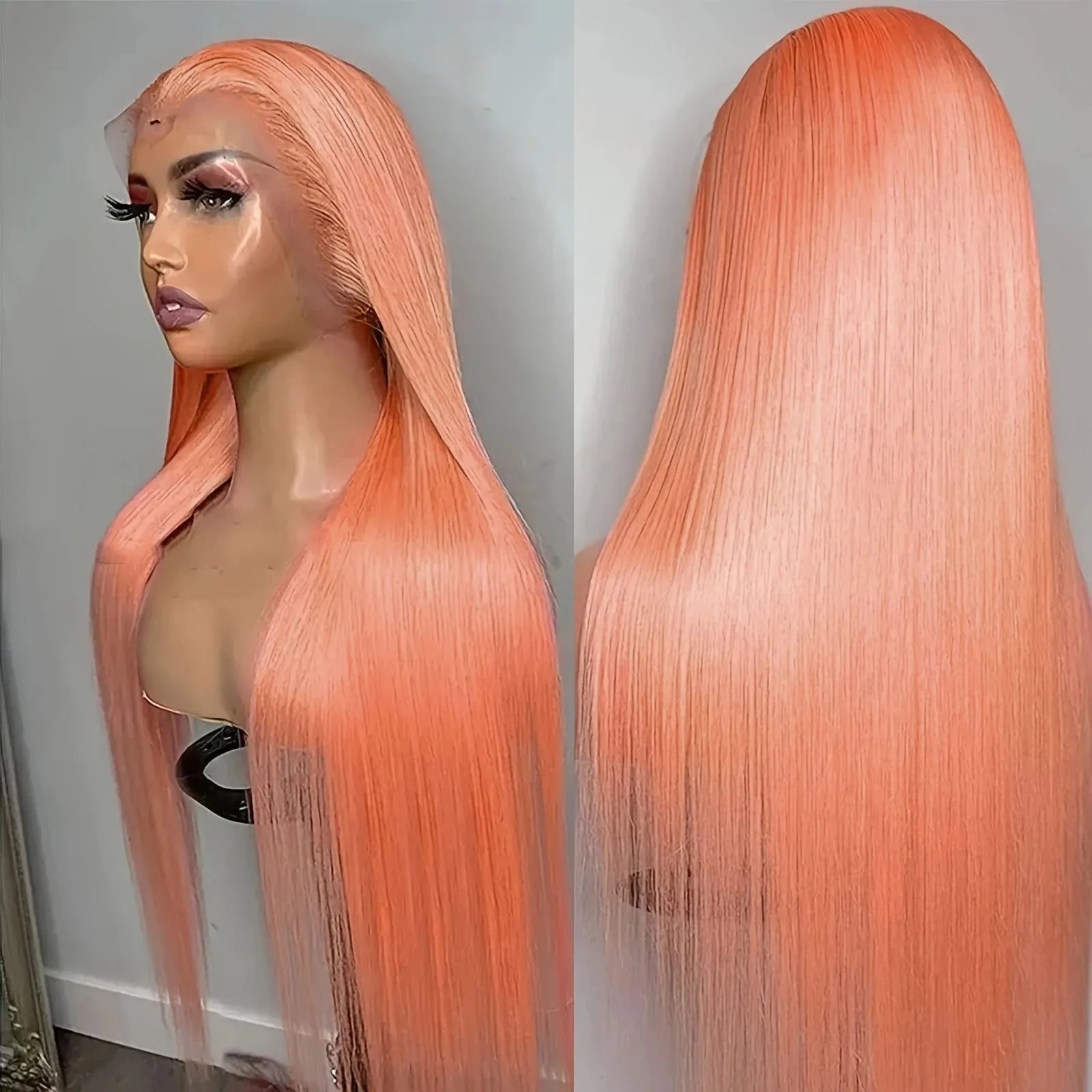 Light orange long straight synthetic wig with front lace cap, shown on a model.