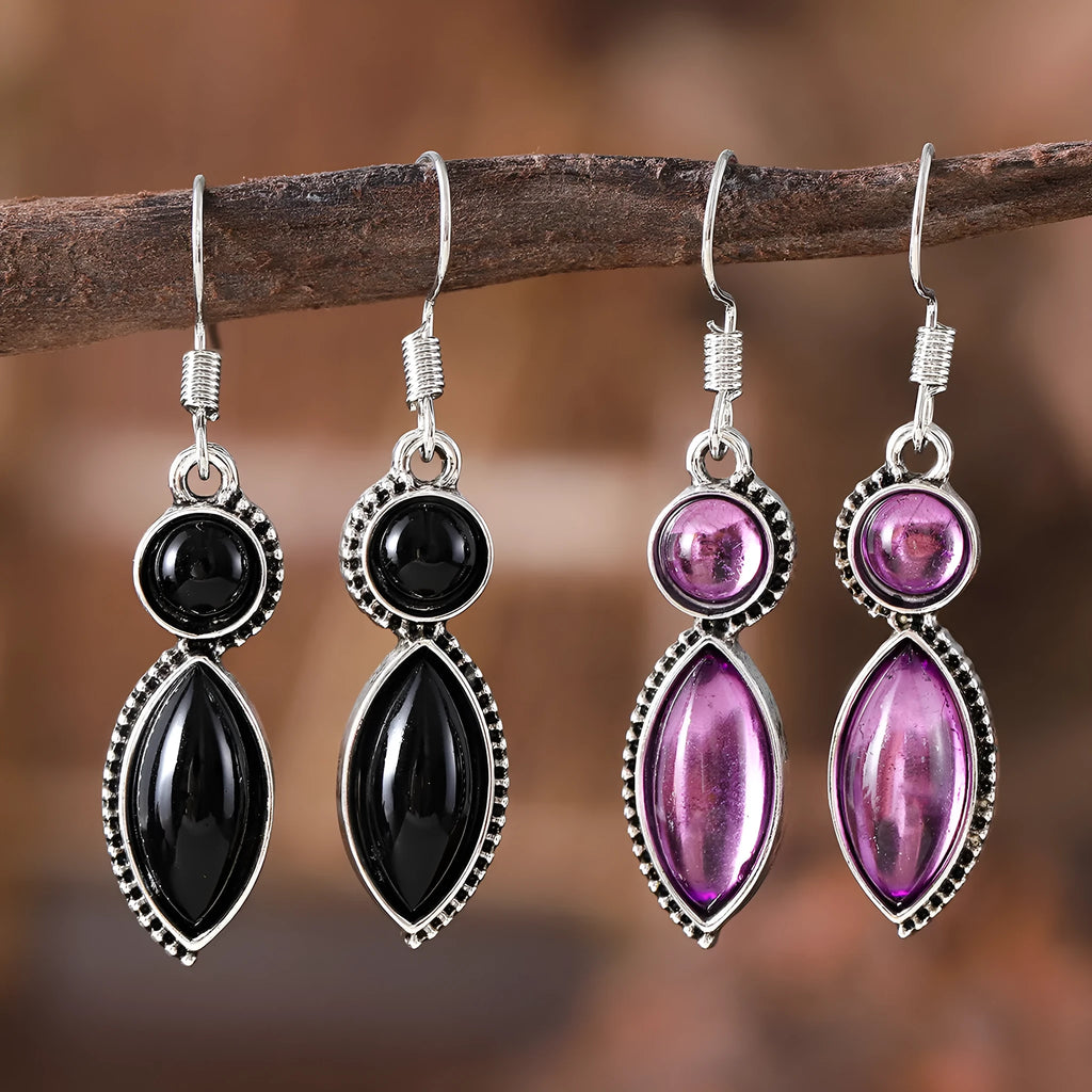 Geometric vintage pendant earrings in black and purple colour pair with zinc alloy construction