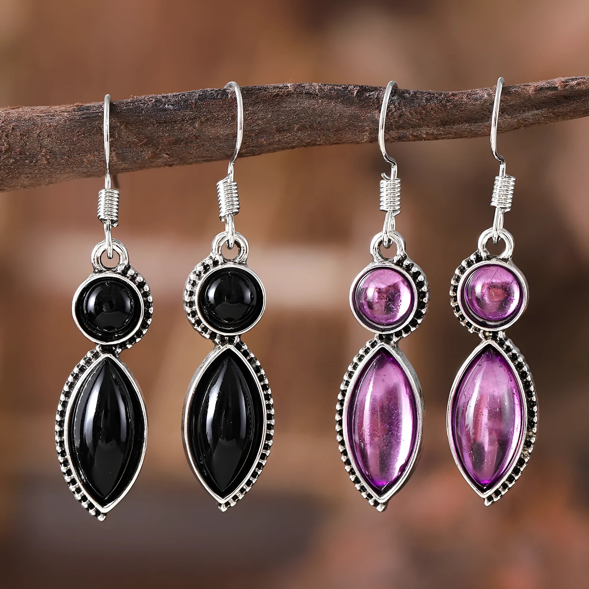 Geometric vintage pendant earrings in black and purple colour pair with zinc alloy construction