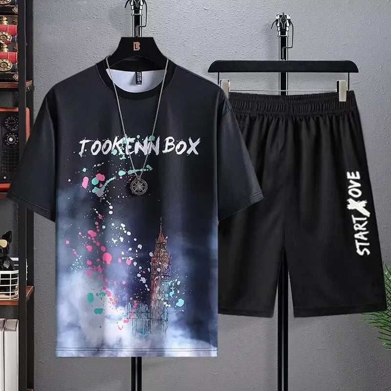 Men's summer sportswear set with short sleeve t-shirt and matching shorts