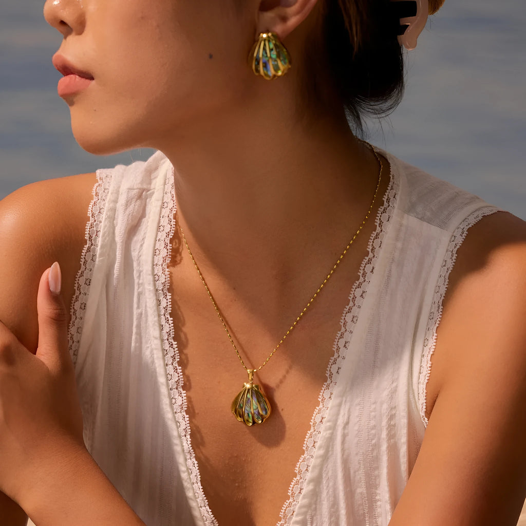 Gold plated stainless steel scallop shell stud earrings and necklace set with fan-shaped geometric design
