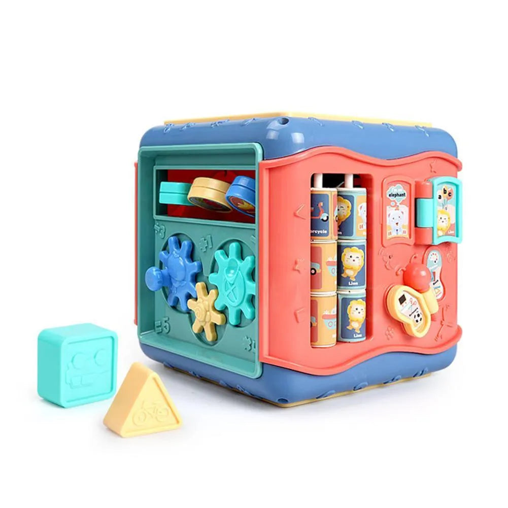Six-sided baby hexahedron educational toy cube with bead maze and gears in multiple colours