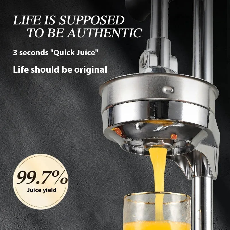 Vertical stainless steel manual citrus juicer on a kitchen countertop.