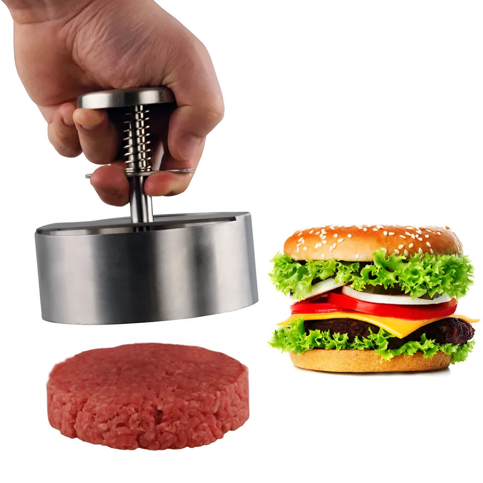 Silver stainless steel patty mould with 14cm diameter on a kitchen counter