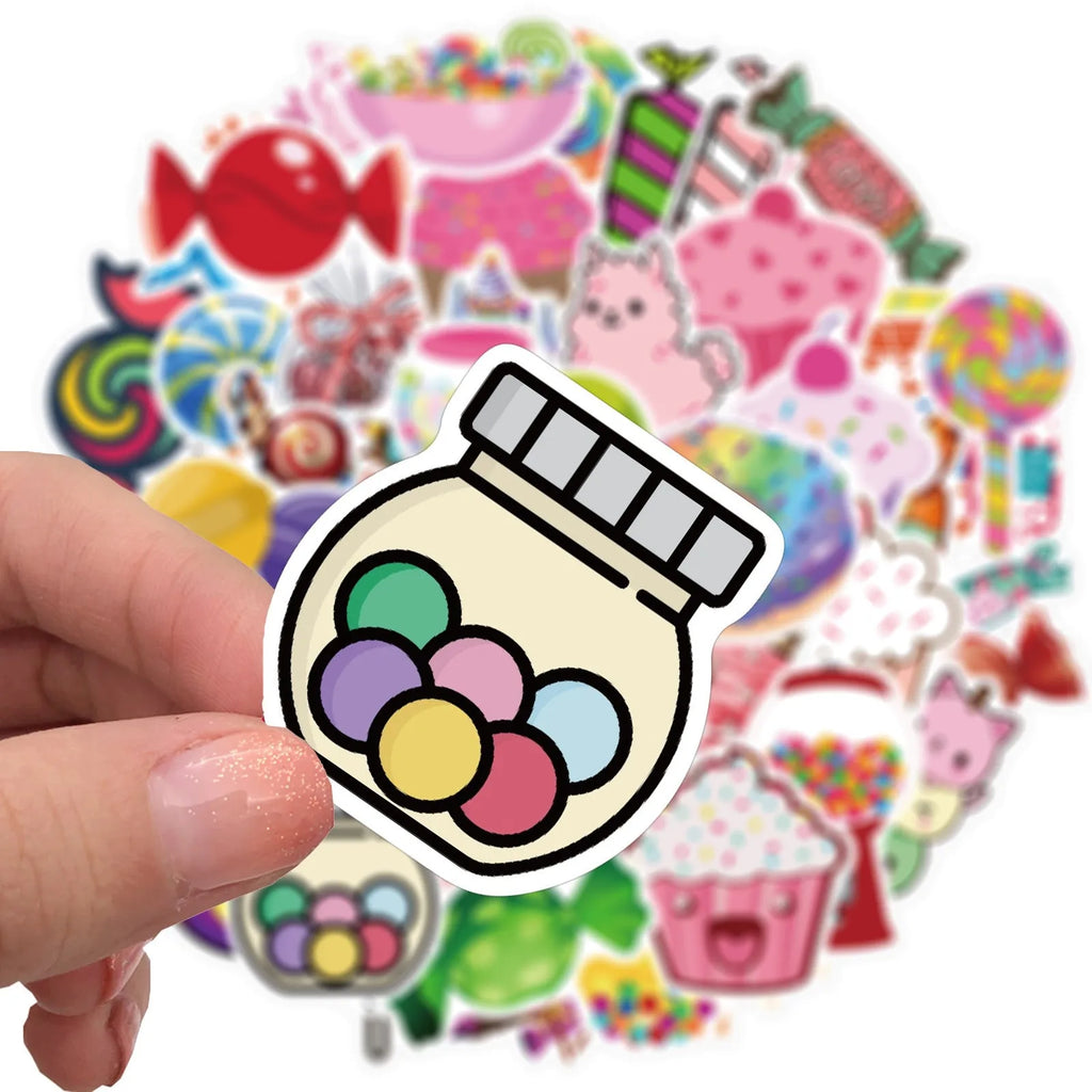 Pack of 50 colourful candy-themed graffiti and cartoon adhesive stickers, each measuring 4-6cm.
