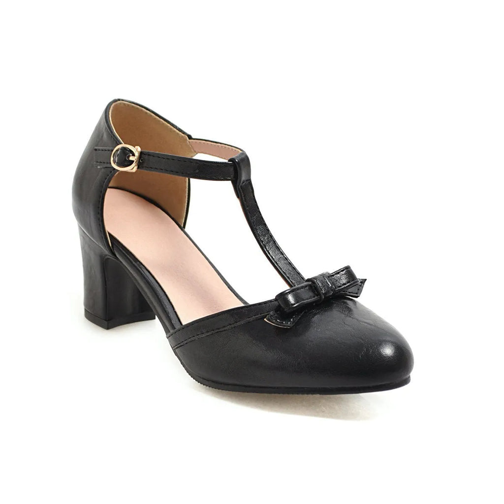 Women's chunky heel strap sandals with hollow-out round toe, bow tie detail and 6.5cm heel