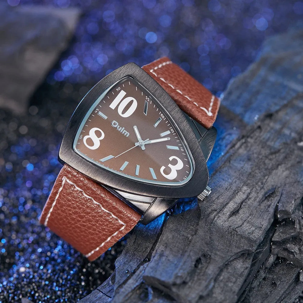 Men's casual triangle belt quartz watch showing 9mm thickness case