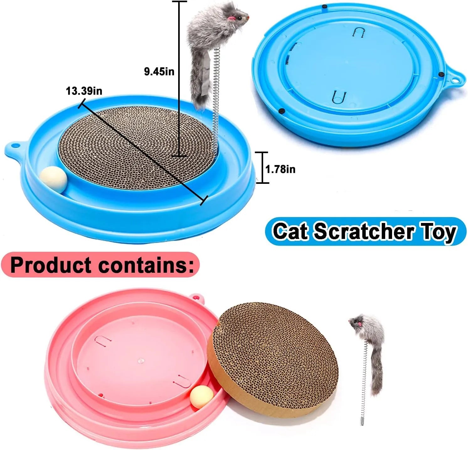 Blue cat scratching toy with track ball and replaceable cardboard pad for furniture protection