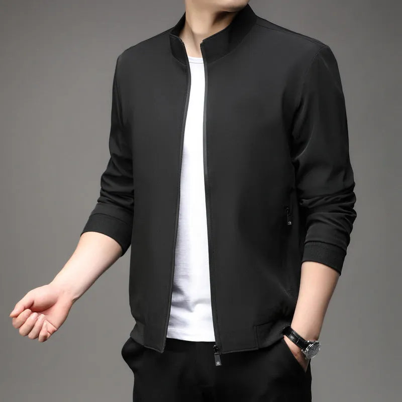 Men's Korean style loose lapel casual jacket in a lightweight fabric, shown in blue.