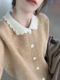 Cashmere knit cardigan with Peter Pan collar and floral embroidery in navy blue, apricot, grey colours