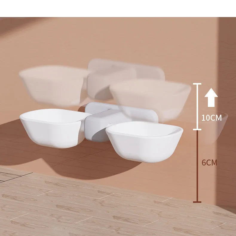 Automatic plastic double bowl pet feeder with adjustable height in white and yellow