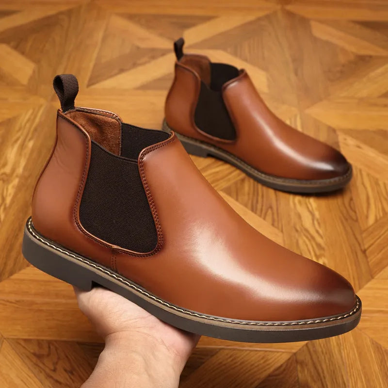 Men's black formal pointed-toe leather boots with a square heel on a white background.