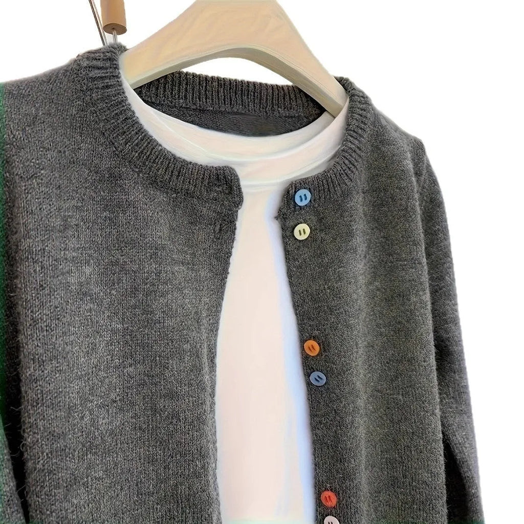 Dark grey women's polyester cardigan sweater with button fastening and regular sleeves