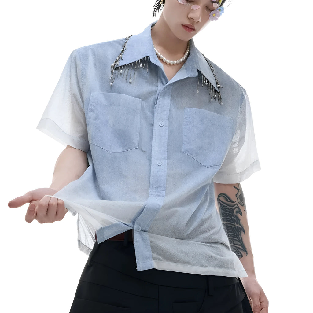 Blue and white gradient men's loose fit short sleeve shirt with quilted details