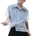 Blue and white gradient men's loose fit short sleeve shirt with quilted details