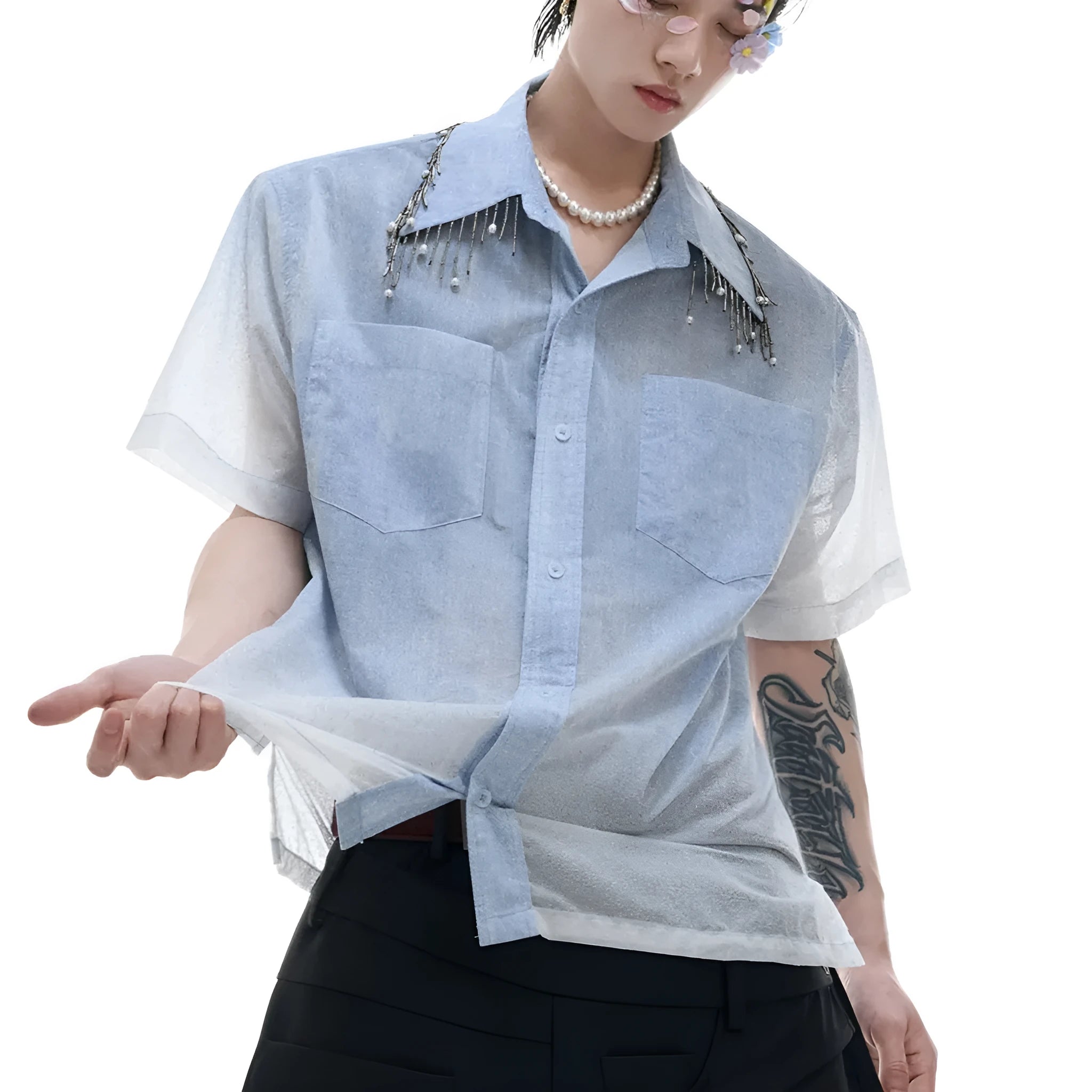 Blue and white gradient men's loose fit short sleeve shirt with quilted details