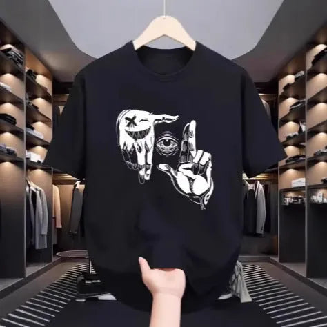 Men's grey cartoon print short sleeve t-shirt made from breathable mesh fabric.