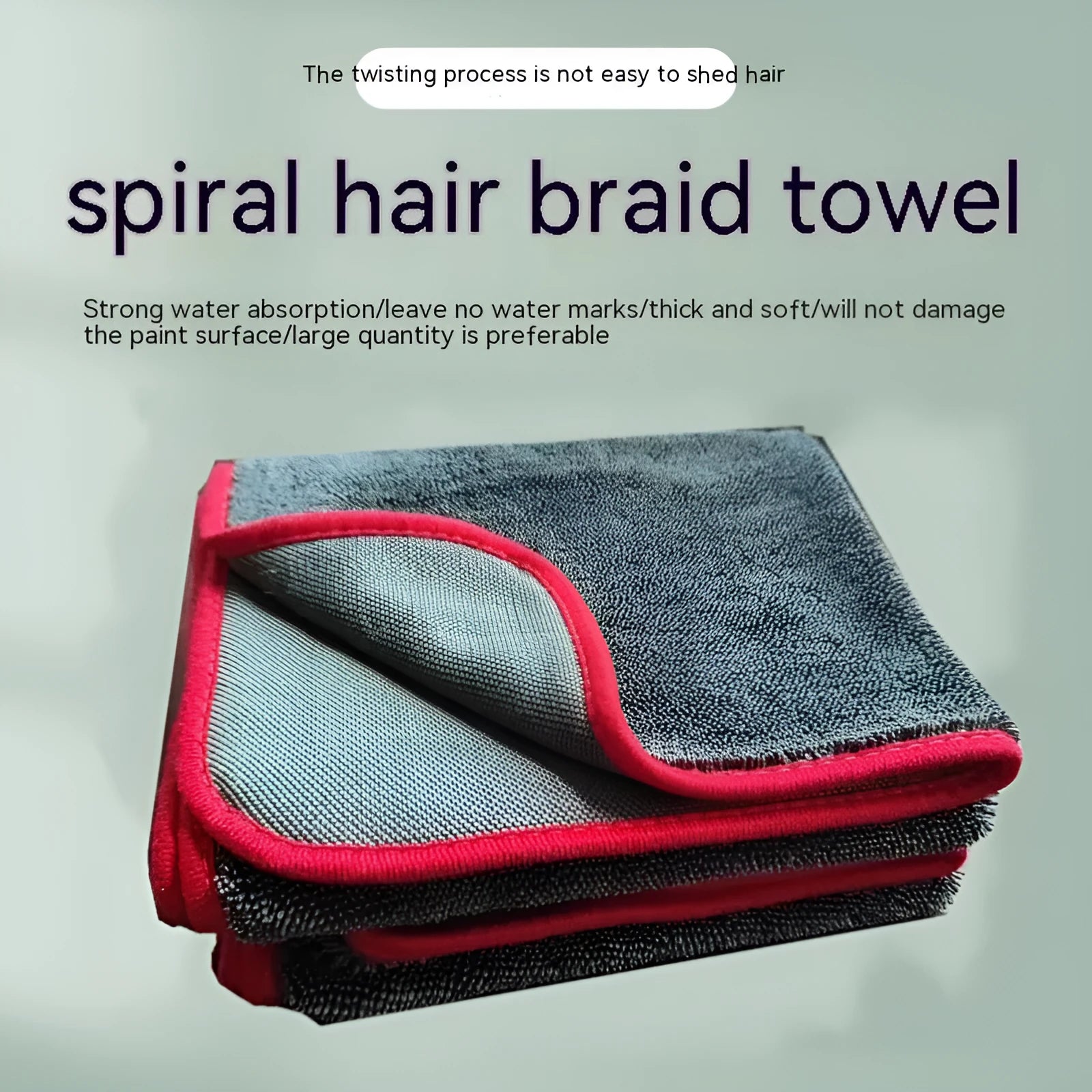 Grey automobile cleaning cloth with spiral hair surface and hemmed edges in multiple size options