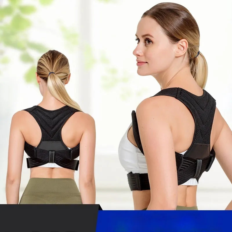 Black adjustable posture correction belt for upper back and shoulder support.