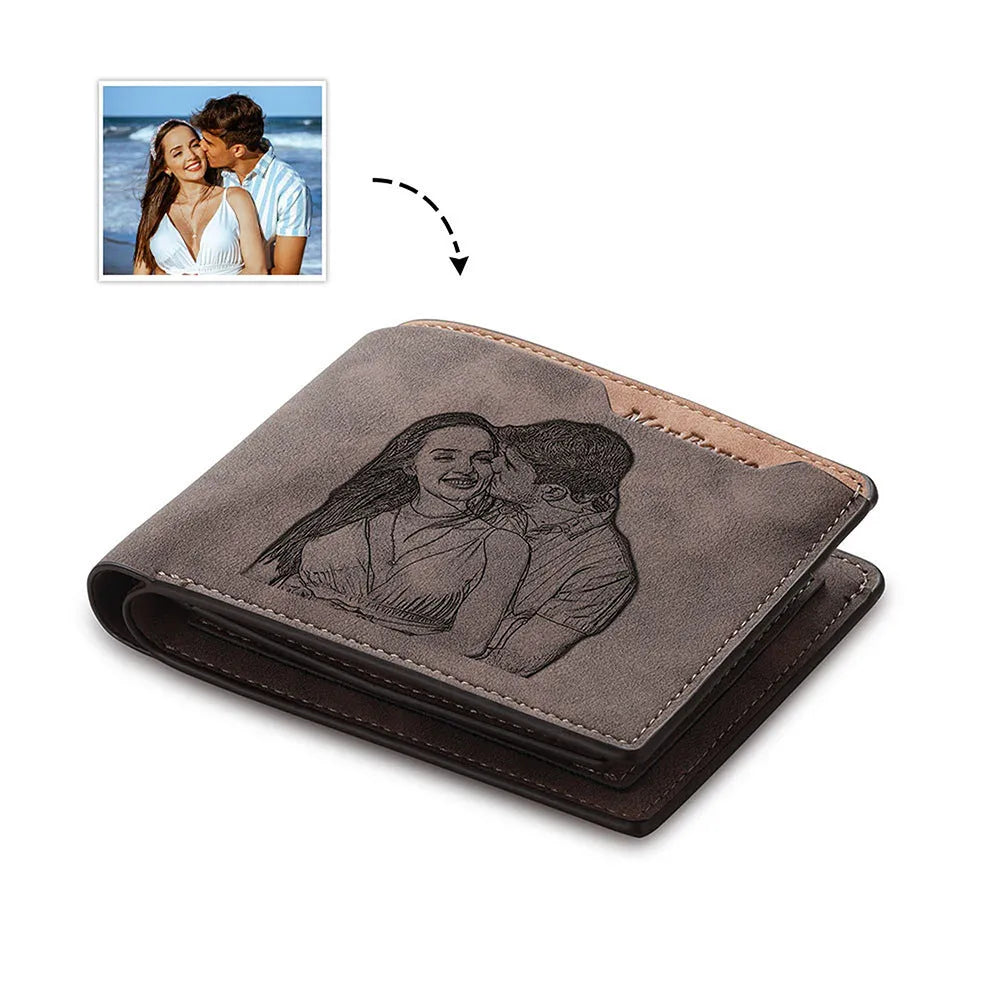 Coffee coloured engraved PU men's wallet showing custom photo and text personalisation.