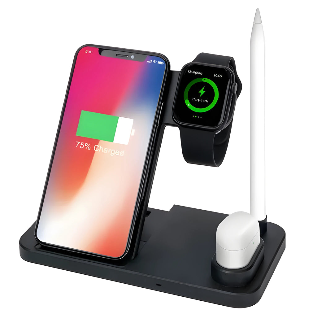 4-in-1 wireless charging station with adjustable magnetic stand charging iPhone, Apple Watch, and AirPods