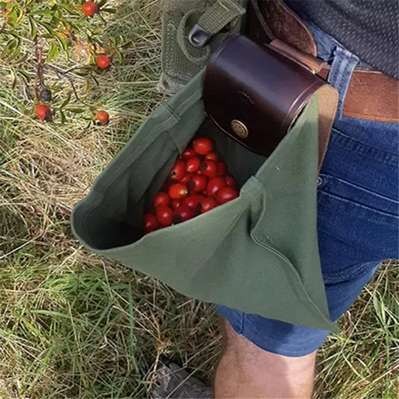 Canvas and leather collapsible foraging bag in army green colour measuring 22 by 21 centimetres