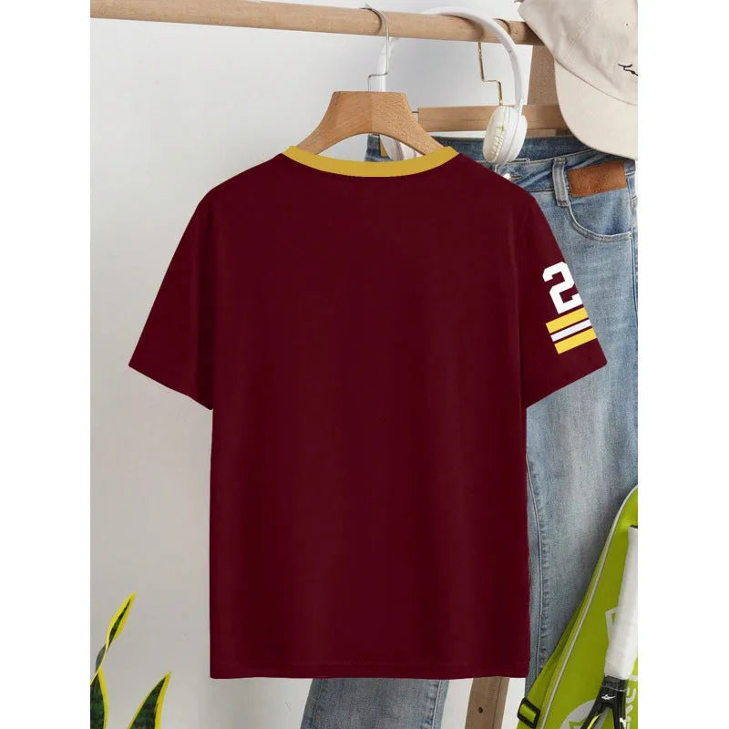 Men's red loose-fit cotton t-shirt with black digital letter print pattern on front