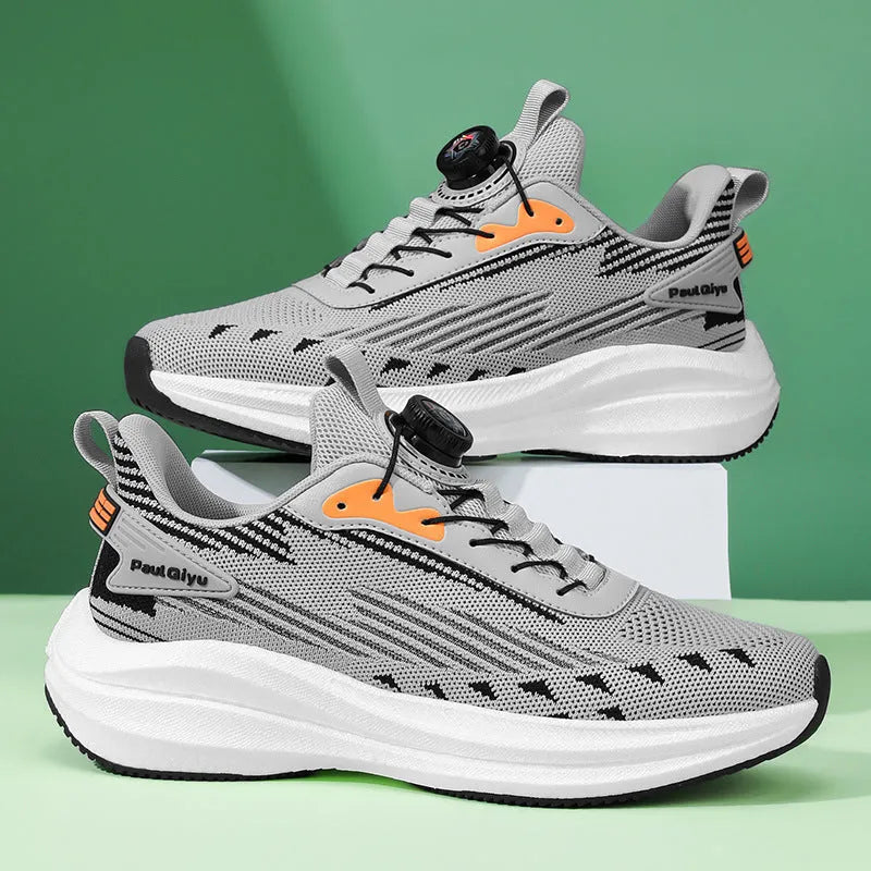 Men's white green and black Fly-kit mesh running shoes with rotating buckle lace system