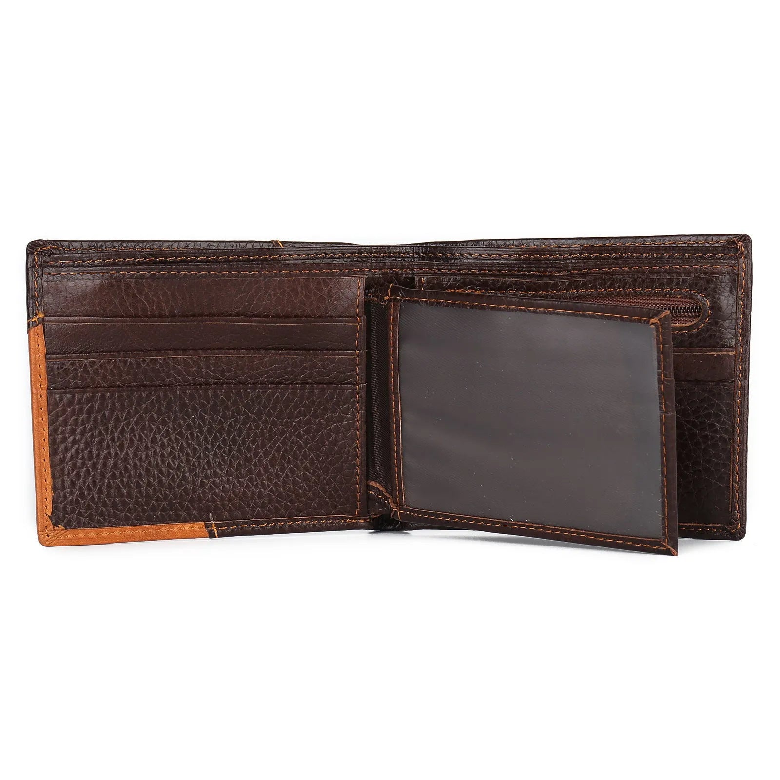 Men's horizontal square leather wallet with car stitching, shown open to reveal card slots, bill holder, and zipper compartment.