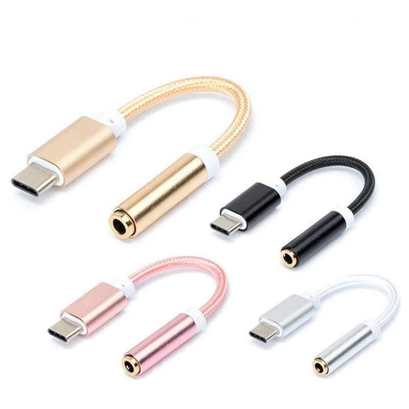 Type-C to 3.5mm nylon adapter cable in black for mobile phone headphone connectivity