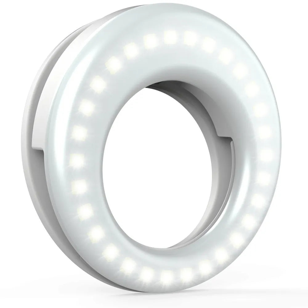 Black USB rechargeable selfie ring light for mobile phone photography with adjustable brightness