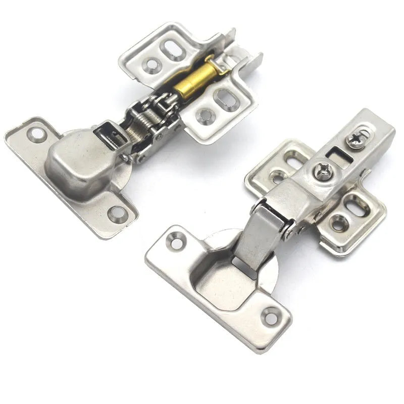 Nickel-plated hydraulic damping cabinet hinge showing the three bend types: straight, middle, and large.