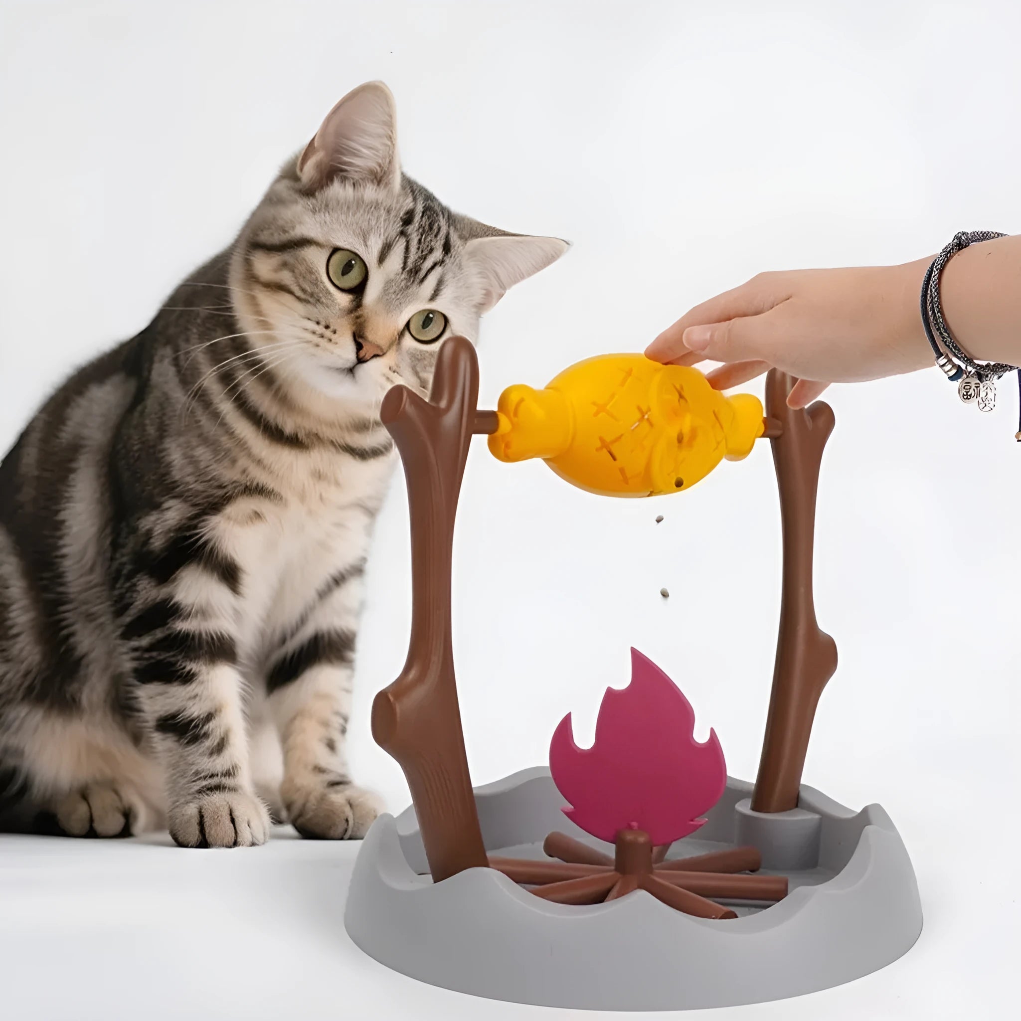 Barbecue themed plastic cat food tumbling feeder for interactive play and slow feeding