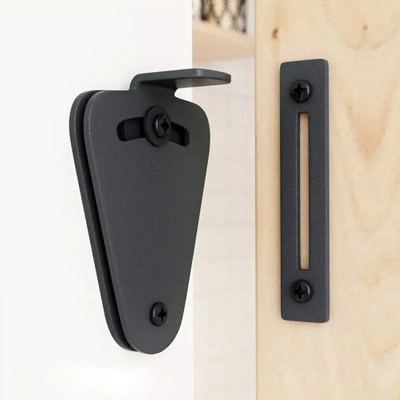 Black stainless steel sliding barn door lock shown in two sizes for different door gaps.