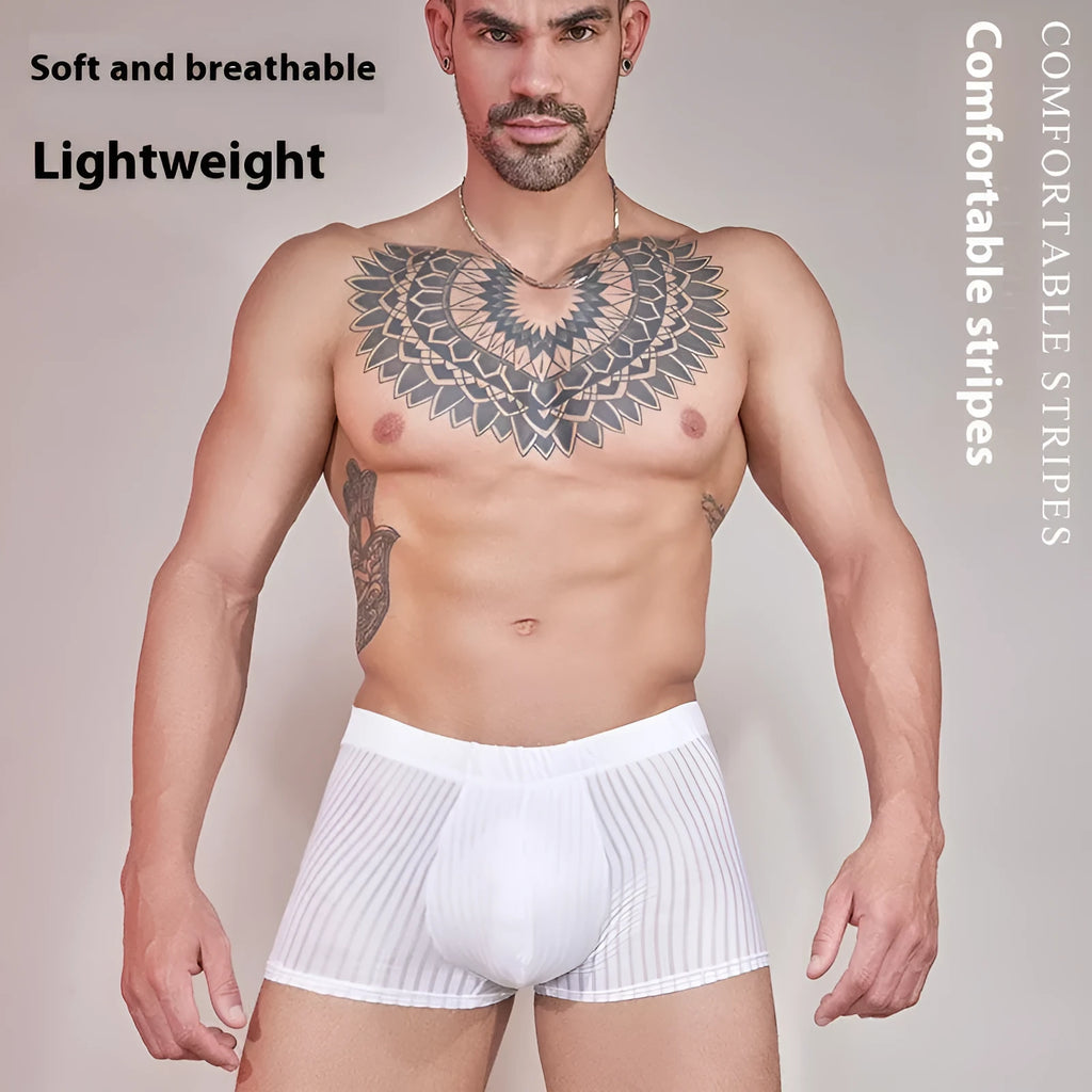 Men's striped nylon underwear briefs in black, dark grey, and white colours