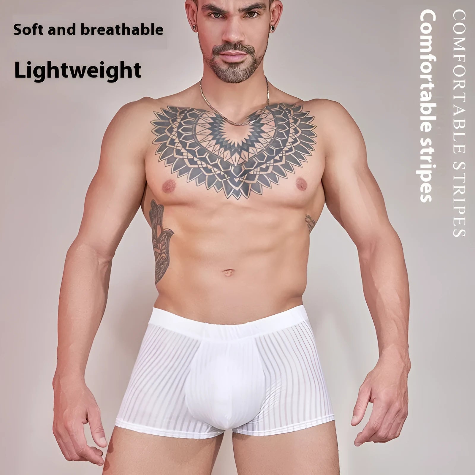 Men's striped nylon underwear briefs in black, dark grey, and white colours