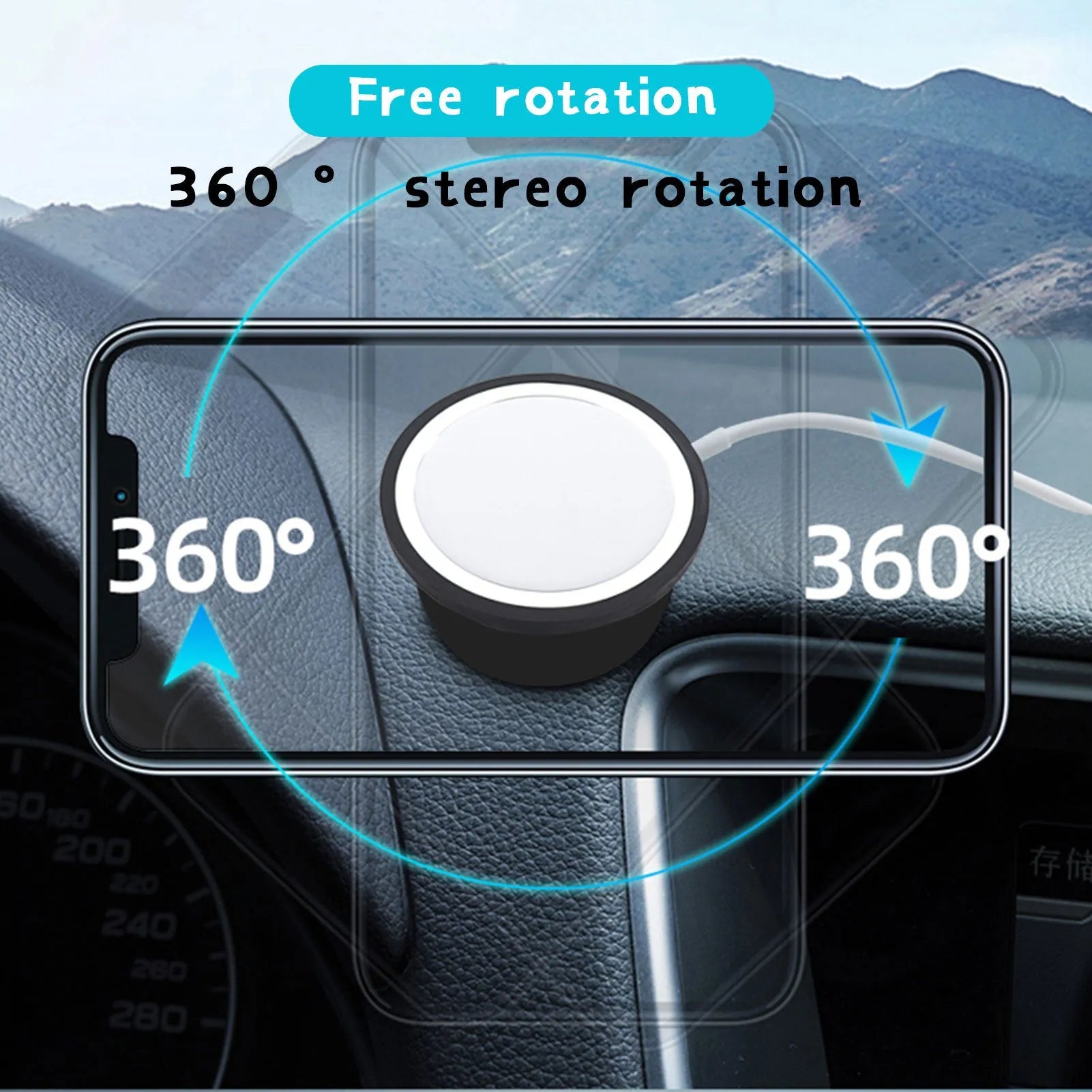 Black car magnetic phone holder showing dashboard mount and air vent clip options